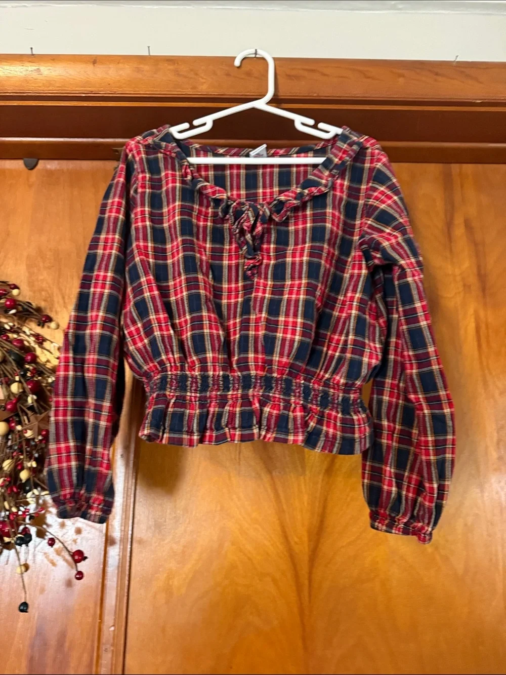 Old Navy Red and Navy Plaid Ruffle-Trim Long Sleeve Top